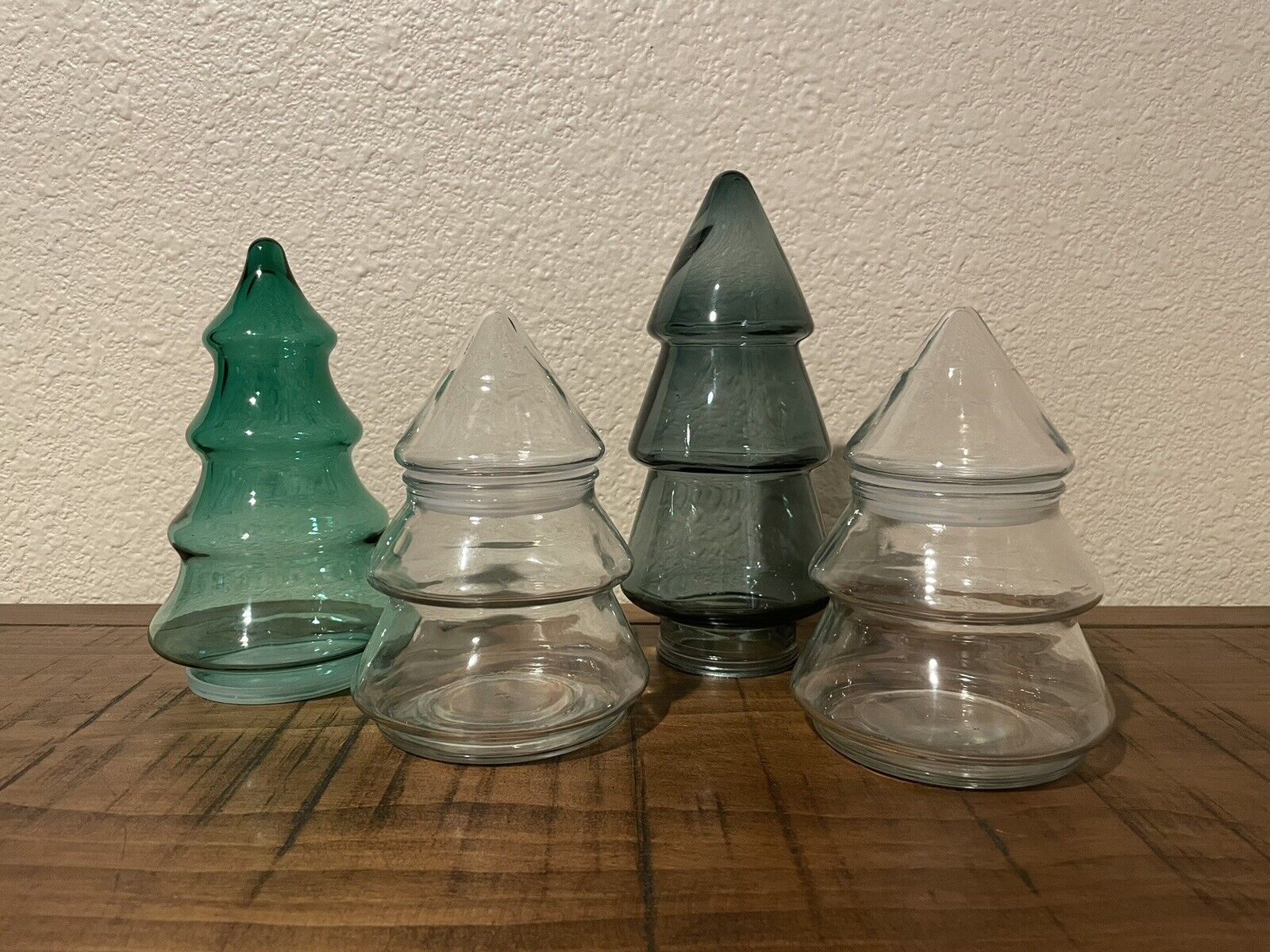 4 Vintage Glass Christmas Tree Apothecary Jars Anchor Hocking