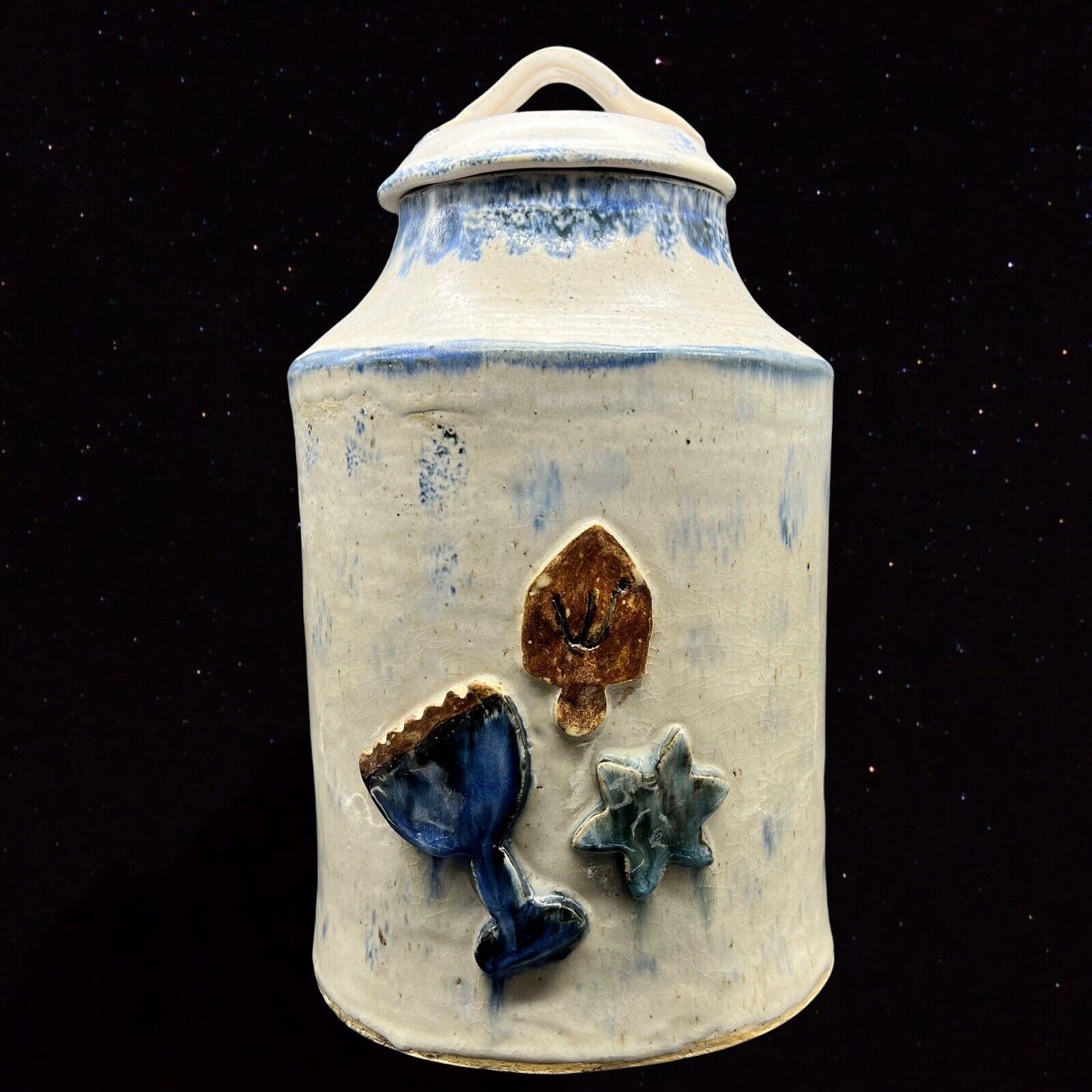Antique Stoneware Large Cookie Jar 3D Vintage Studio Art Pottery 13”T 8”W
