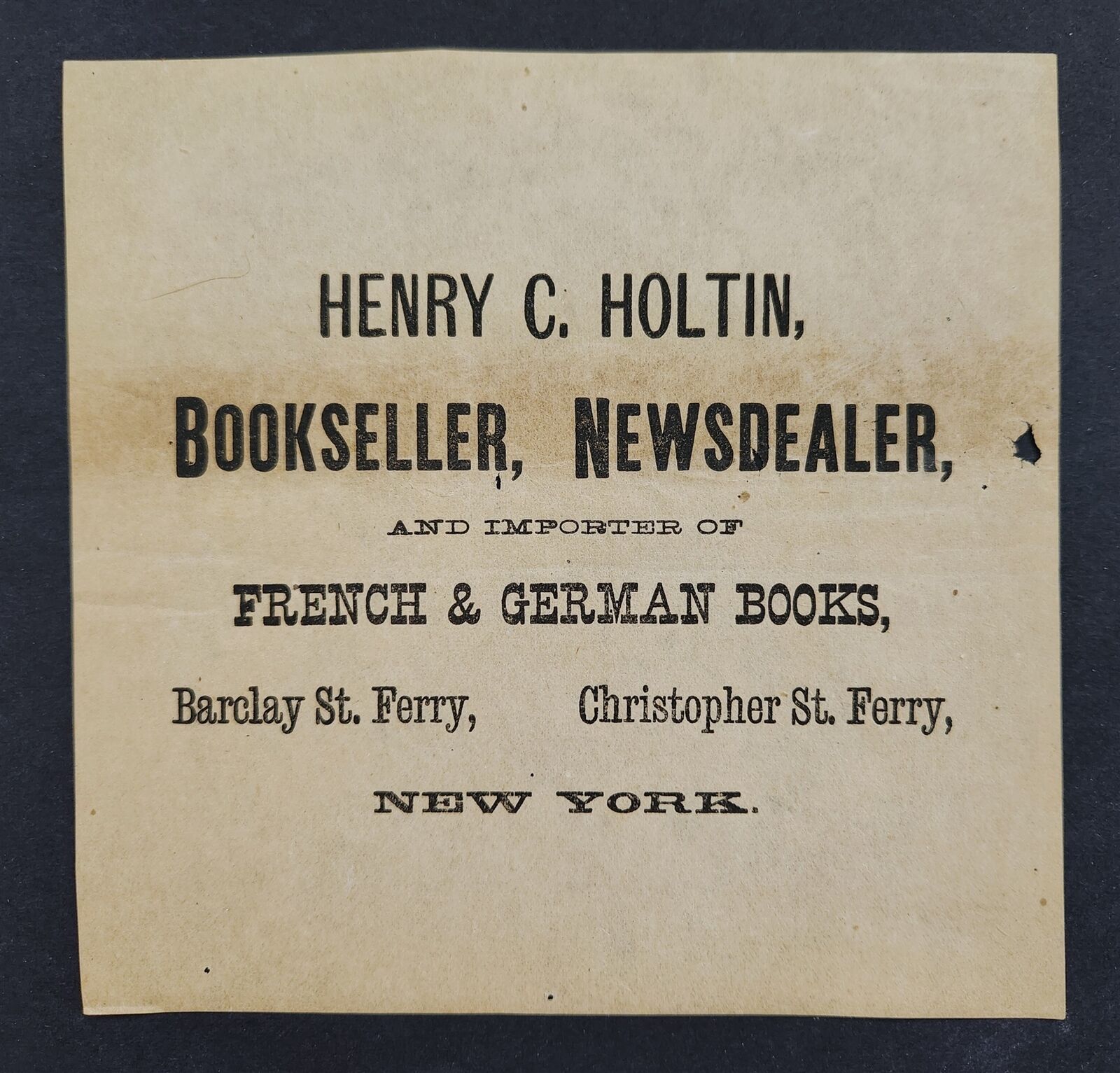1800s antique BOOKSELLER NEWSPAPER ad BROADSIDE new york HENRY C HOLTIN 