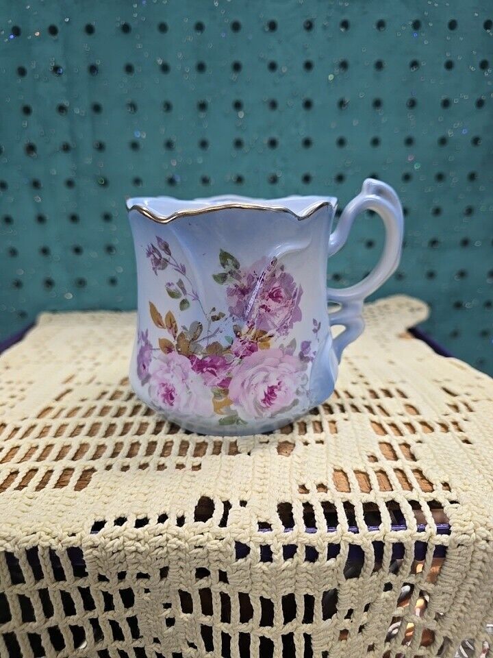 Nippon Vintage Shaving Mug, Hand Painted. Beautiful blue with Pink Flowers.