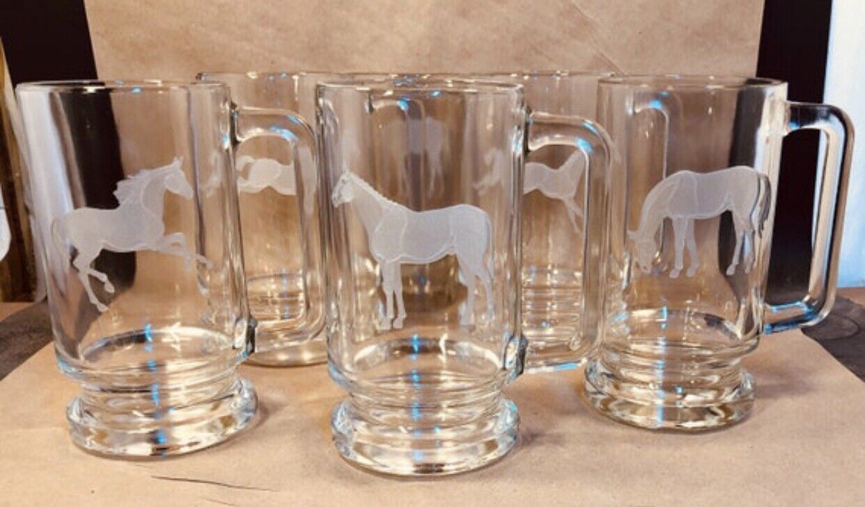 Vintage Engraved Glass Horse Beer Mugs Drinking Glasses Set