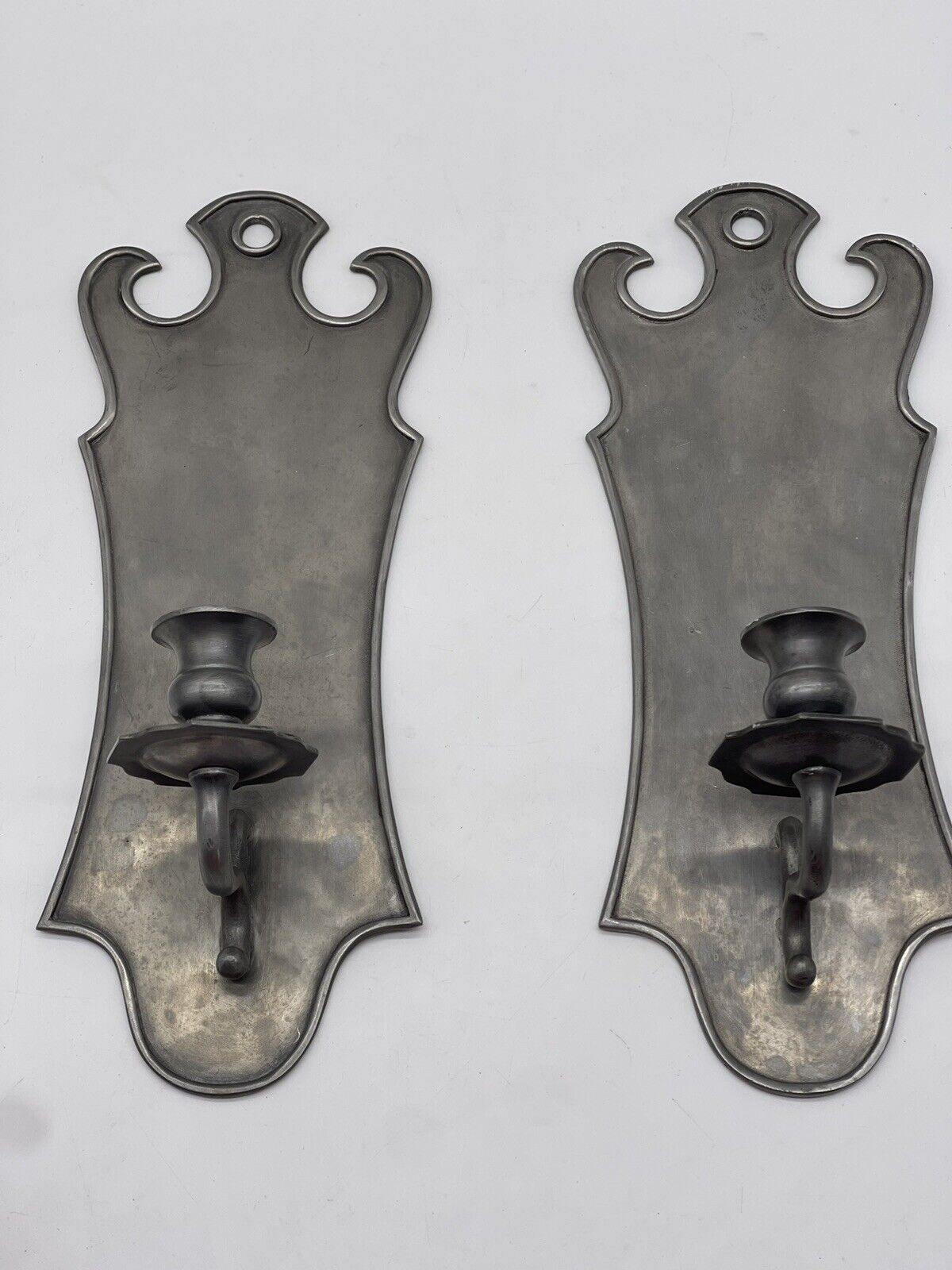 Set of vintage pewter wall mounted sconces candle holders Italy stamped