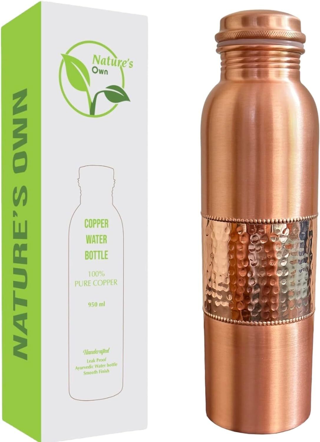 Nature\'s Own Pure Copper Water Bottle 1000ml – 34 Oz Extra Middle Hammered 