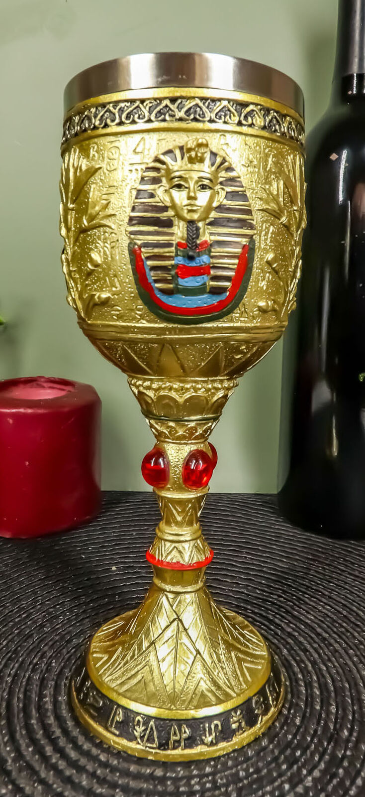 Golden Egyptian Pharaoh King Tut Resin Wine Goblet Chalice Stainless Steel Liner