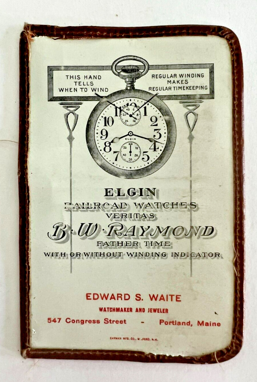 Antique Elgin Railroad Watch Pouch/Badge E. Waite Watchmaker Portland ME Ad