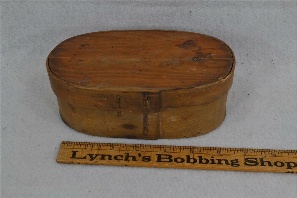 antique 18th 19th c oval pantry box bent wood stitched lap joint early  original