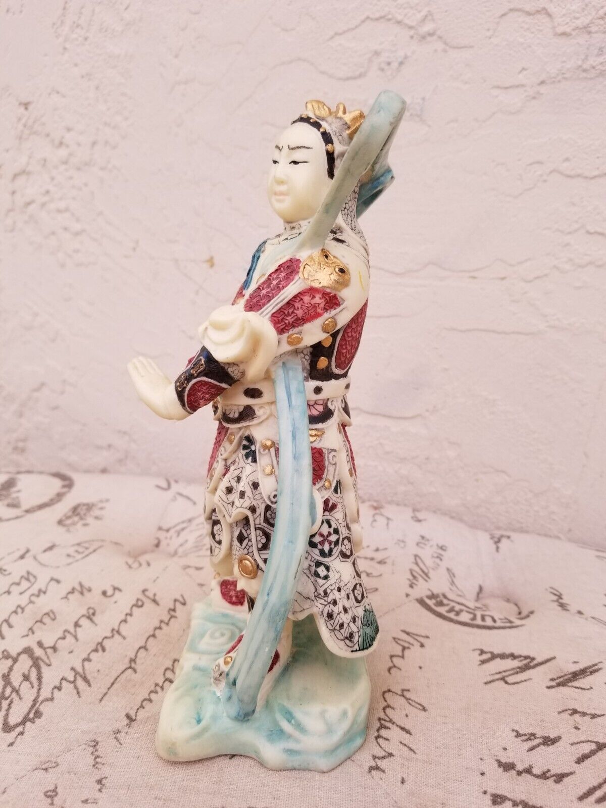 Vintage Oriental Chinese Japanese Cream Color Resin Man Figurine Statue Signed