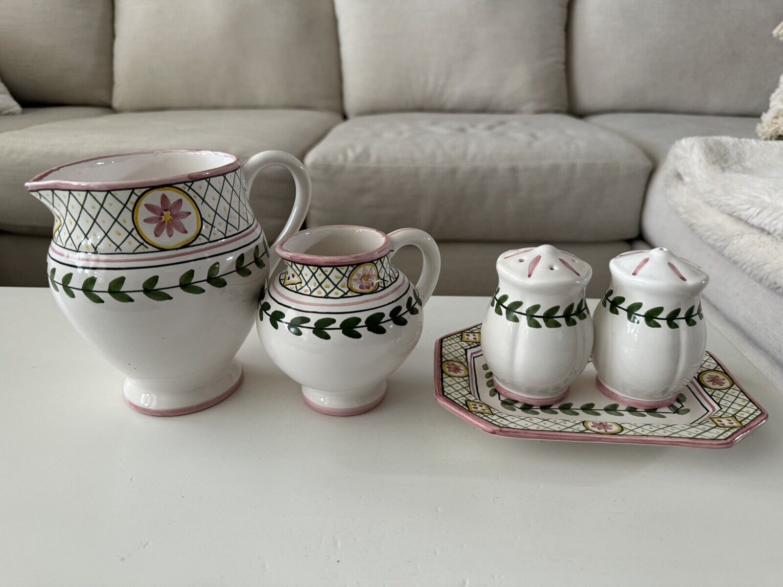 White & Pink Malveira Hand Painted Pitchers AND Salt & Pepper made in Portugal