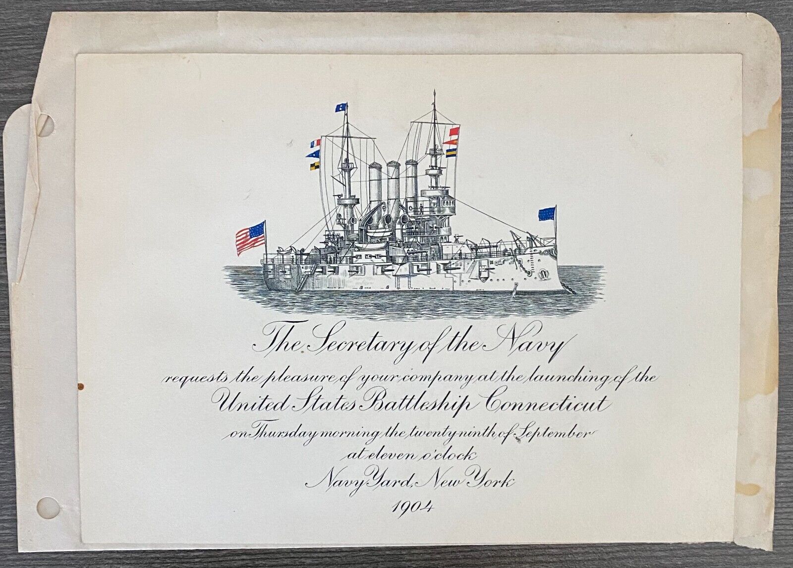 1904 Original Invitation to the Launching of The Battleship Connecticut NY Navy