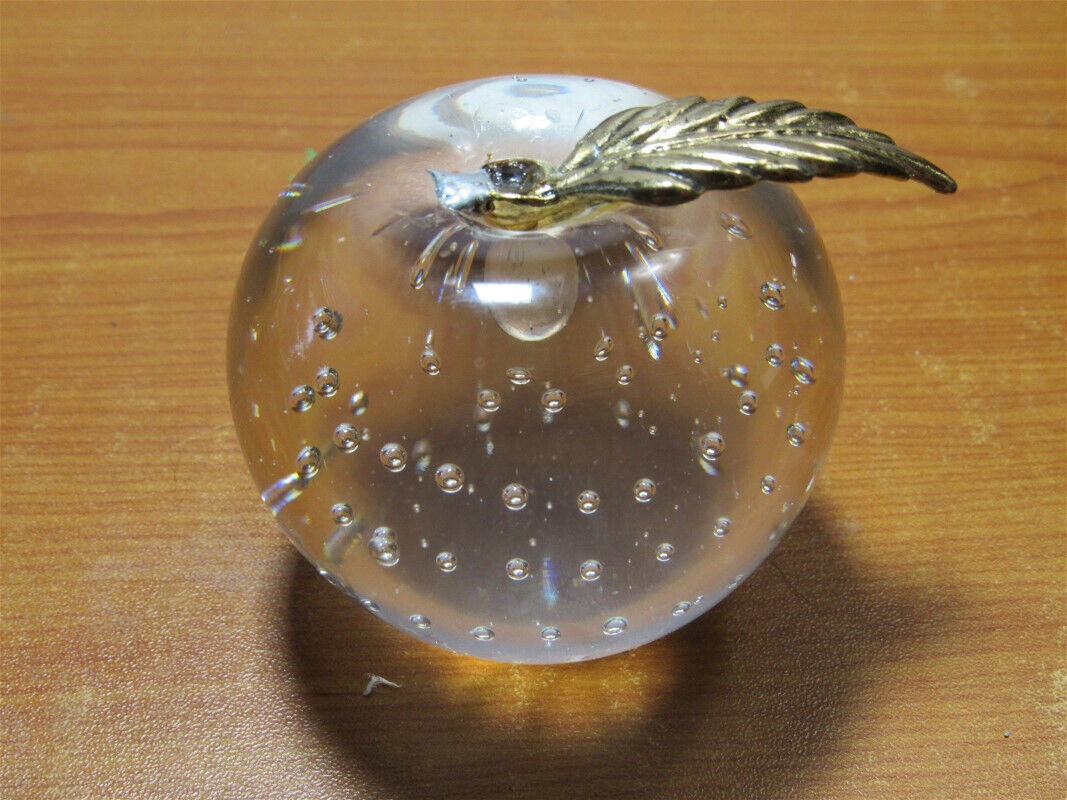 WT Art Glass Apple Controlled Bubble Paperweight With Brass Leaf Taiwan