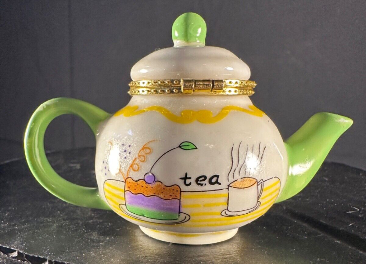Mini Teapot Trinket Box Porcelain Coffee Green Spout & Handle Tea Cake