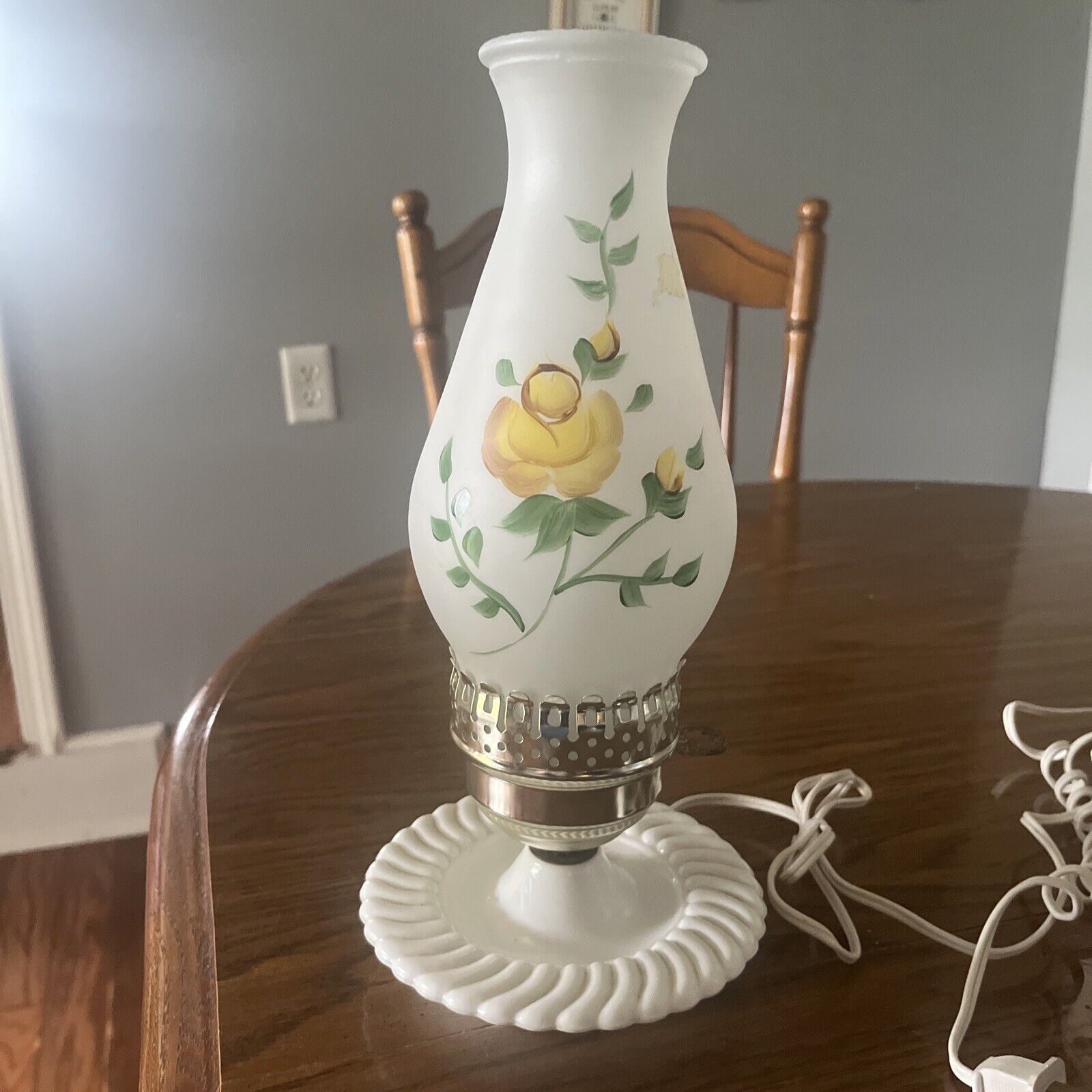 Vintage Milk Glass Hand Painted Coral Roses Electric Hurricane Lamp (tested)