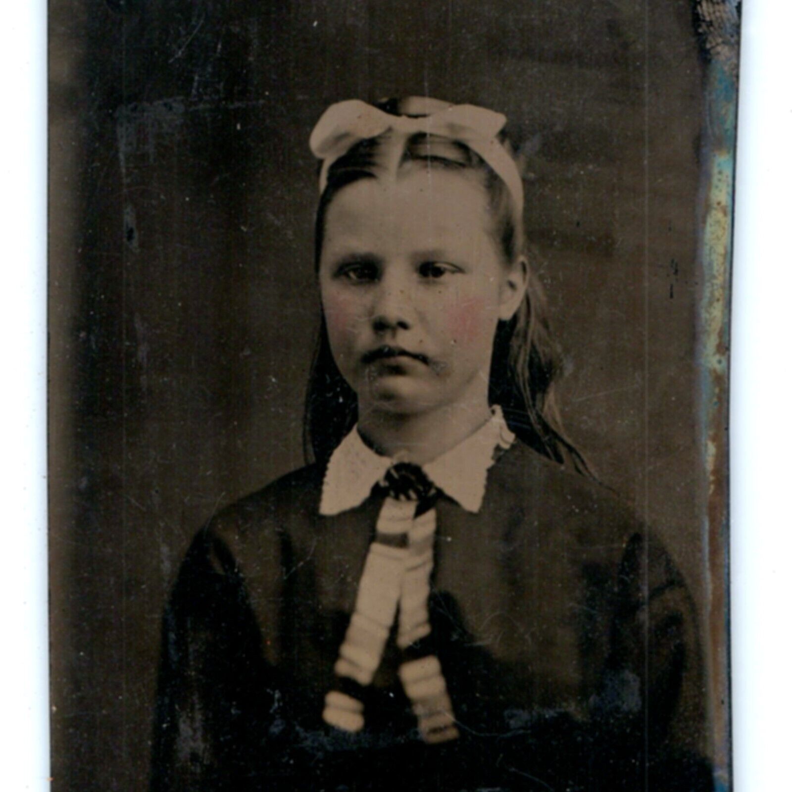 c1860s Cute Young Girl Bow Long Hair Tinted Cheeks Tintype Photo Tired Eyes H30