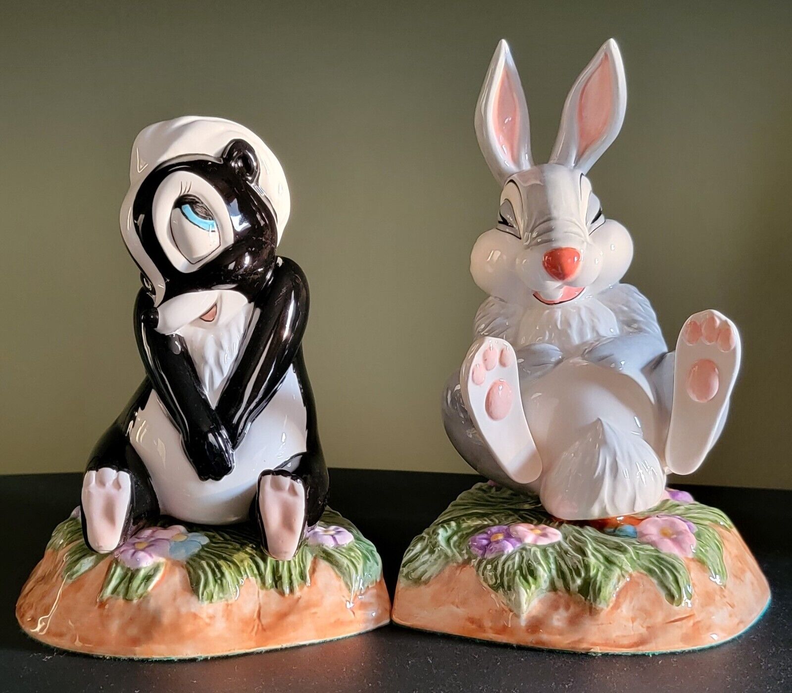 Rare 1990's Vintage Disney Porcelain Flower & Thumper Bookends Bambi by Schmid