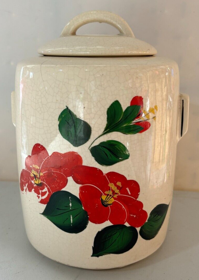 Vtg. McCoy Cookie Jar Red Flowers Green Leaves Made From 1946 to 1954 W/Lid