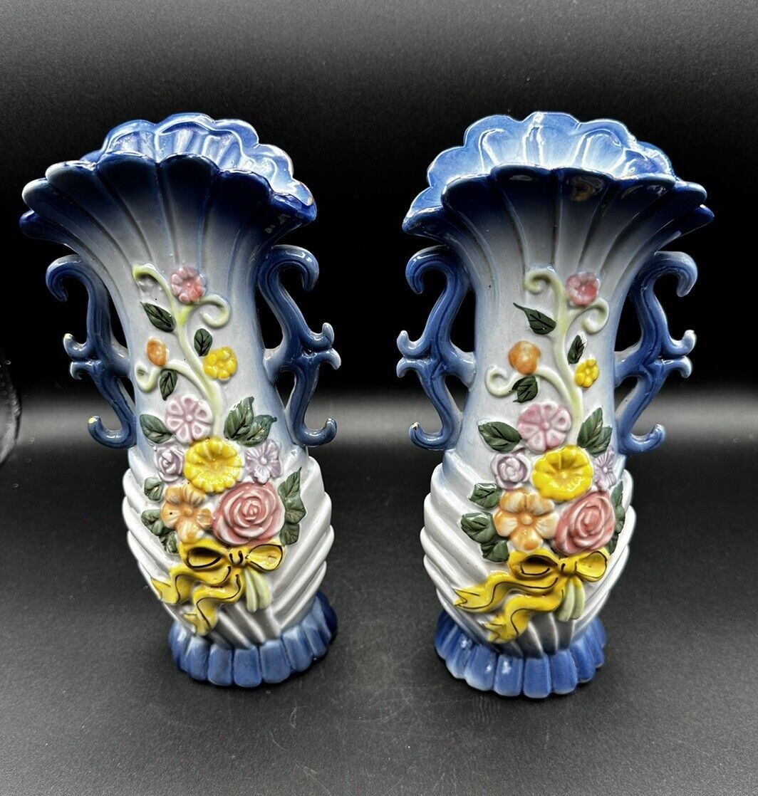 Vintage Lusterware Blue ,Yellow Flower Vase With Floral design Qty-2