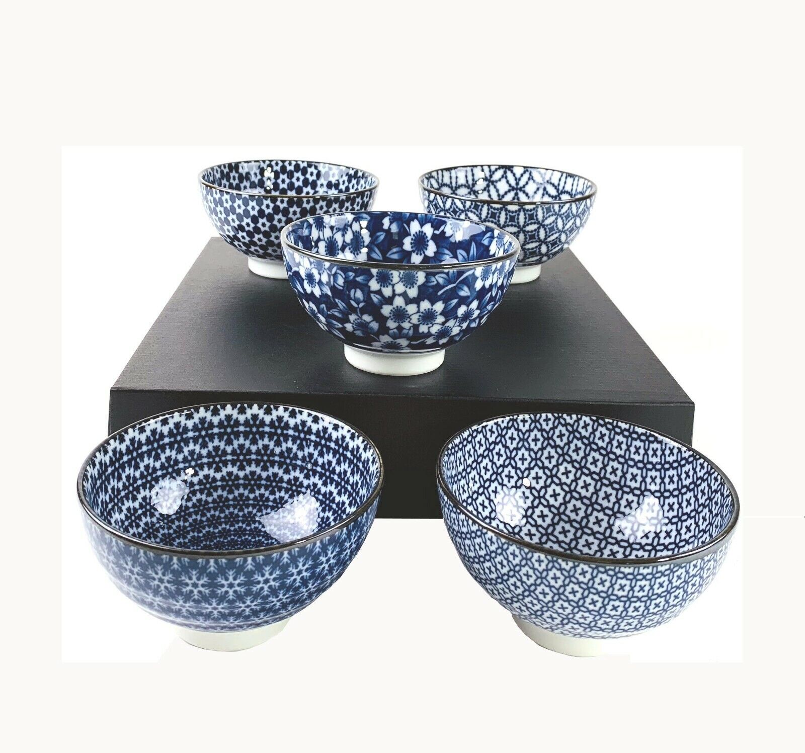 5 Japanese Porcelain Rice Bowls Gift Set Miso Soup Bowl Blue Made in Japan 4686