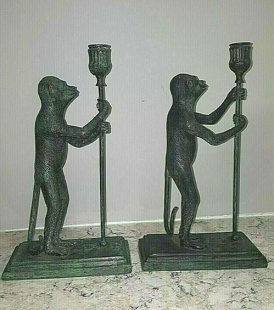 MAITLAND SMITH BRONZE PAIR MONKEY TORCH CANDLESTICKS CANDLE HOLDERS 13IN LABELED