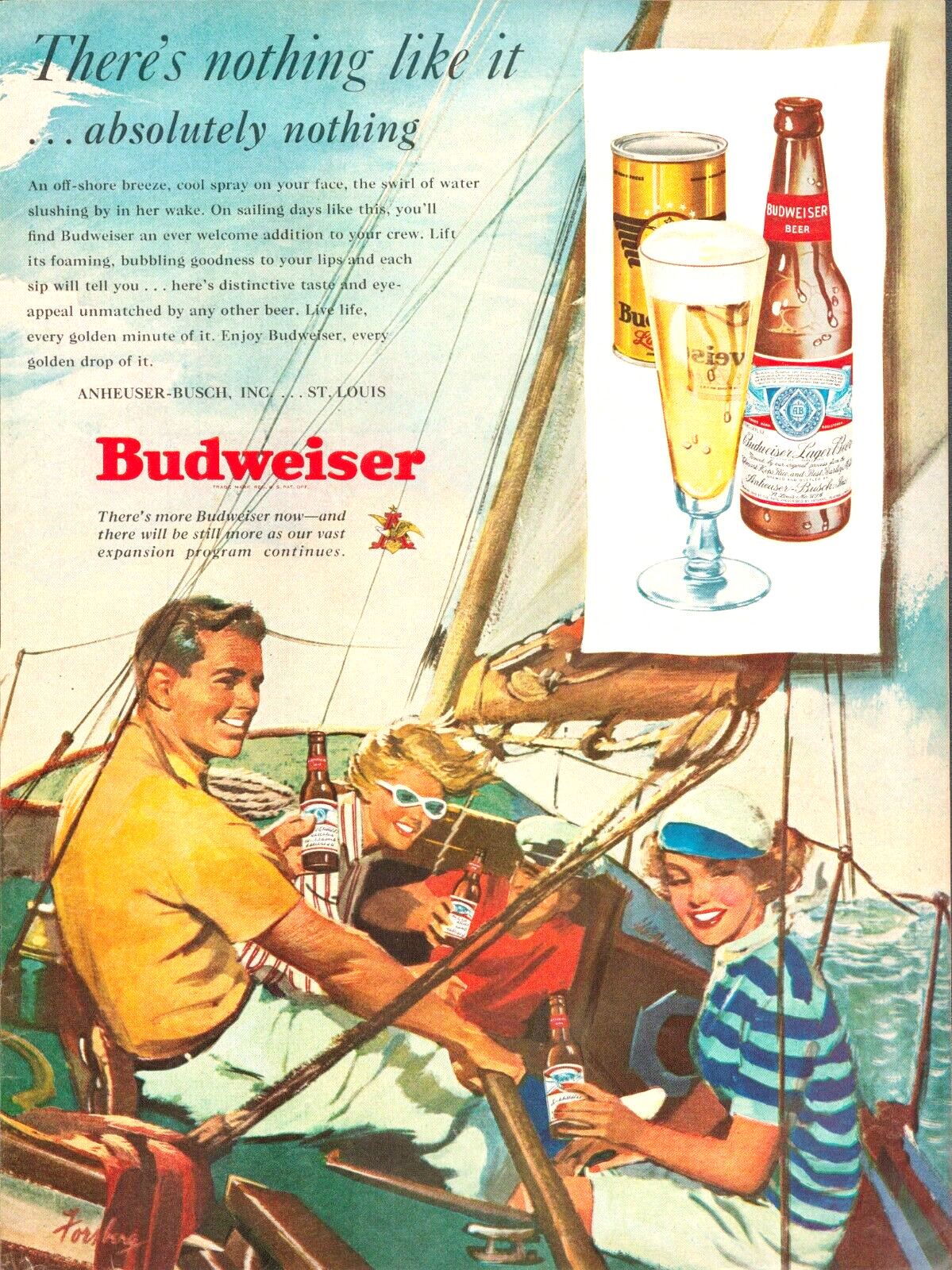 1949 BUDWEISER BEER sailboat art PRINT AD family sailing boating tall glass vtg