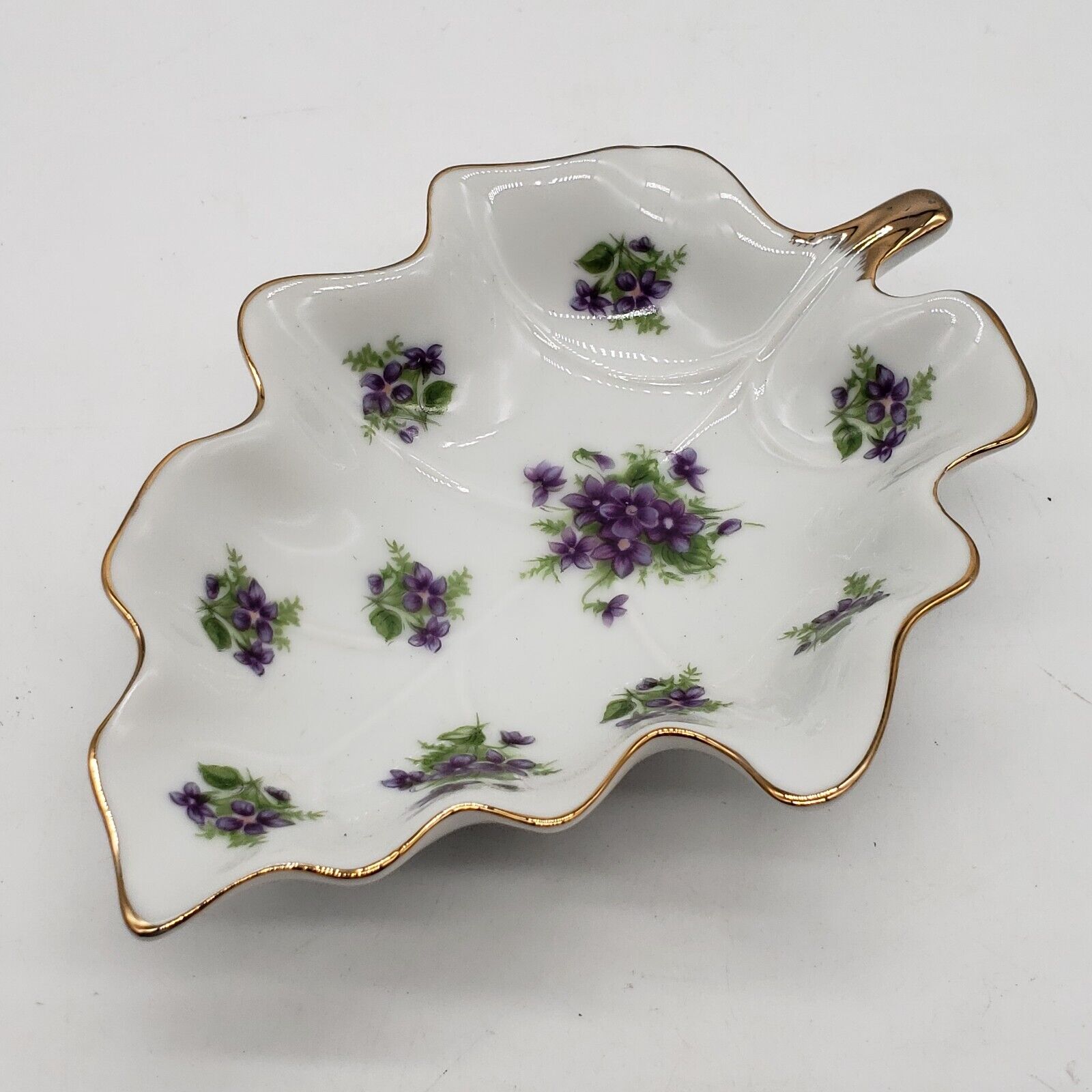 Vintage Lefton Hand Painted Leaf Trinket Dish with Violets and Gold Trim