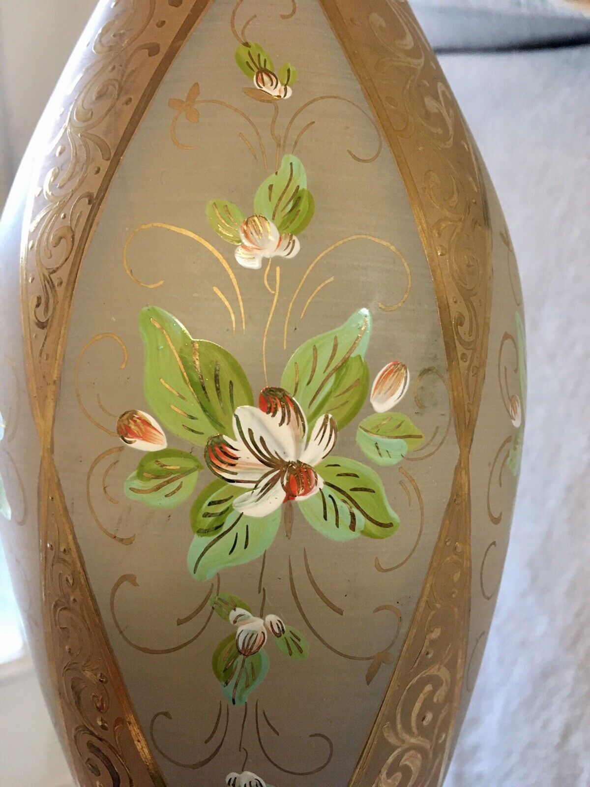 European Amber Enamel Flower Decanter / Vase with Gold Accents Vintage