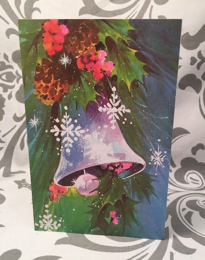 One NOS Vintage Litho Christmas Bell Card Holiday Mid Century W/Envelope