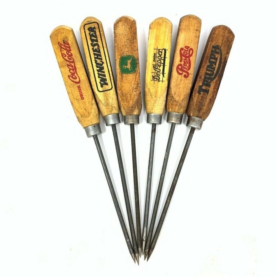 Vintage Advertising Ice Pick Set (Set of 6) Chrome With Real Wood Handles