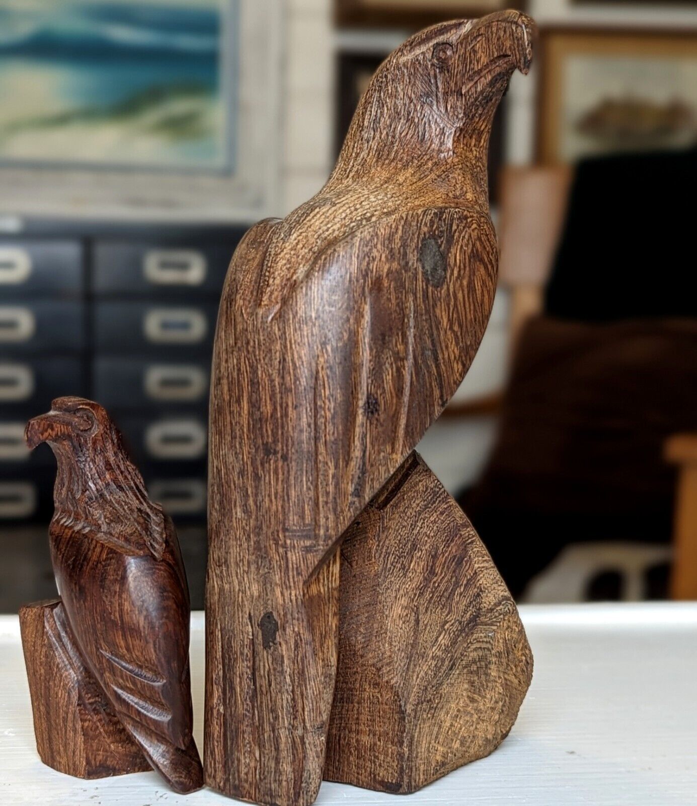 Pair of Bald Eagle Carved Wood Sculpture Figurine Artisan Hand Crafted Vtg Art