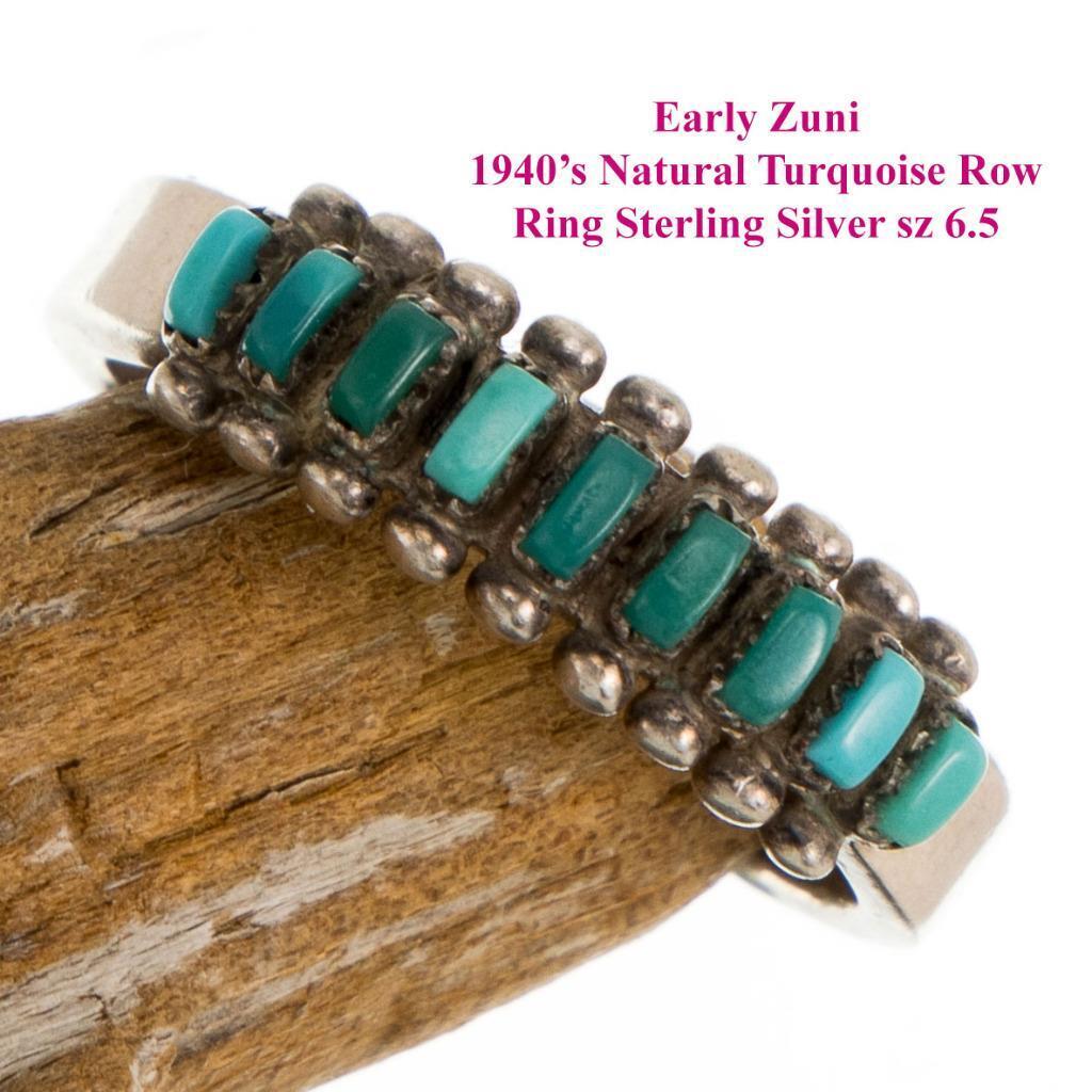 Vintage Zuni Turquoise Petitpoint ROW Ring Sterling Silver ZUNI sz 6.5 OLD Pawn