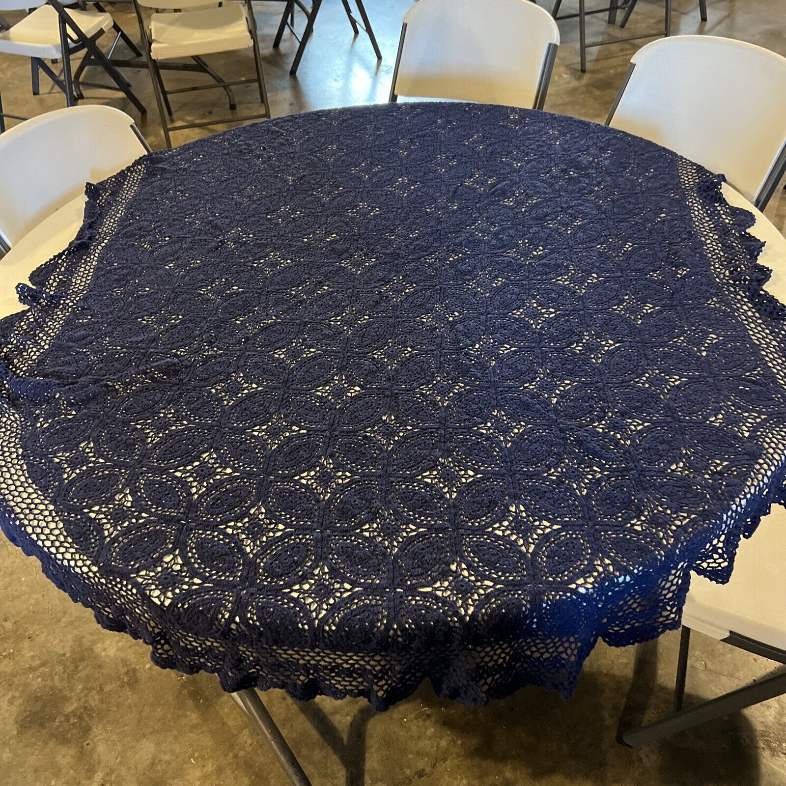 Hand Crocheted Doily tablecloth 55x76 Navy MCM