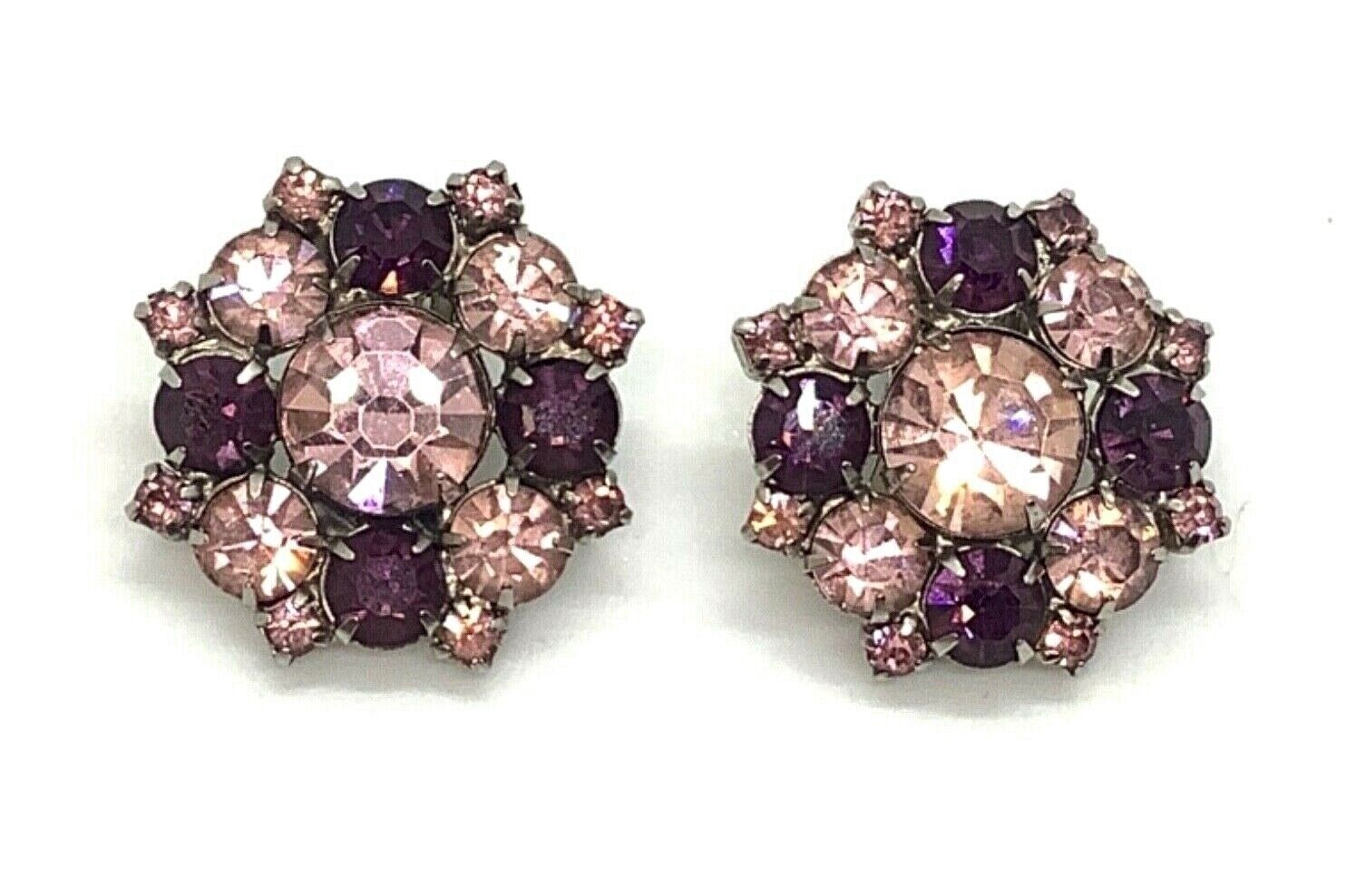 Silver Toned Round Clip-On Costume Earrings w/ Light Pink & Plum Toned Crystals