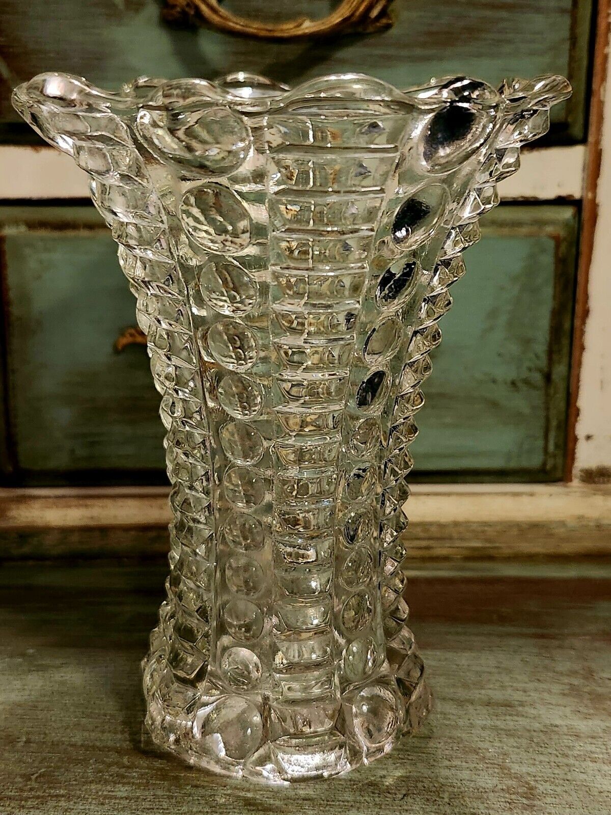 Clear Indiana Glass Vtg Mini Bud Vase Bubbled With Beaded Edges 5” 1940s?