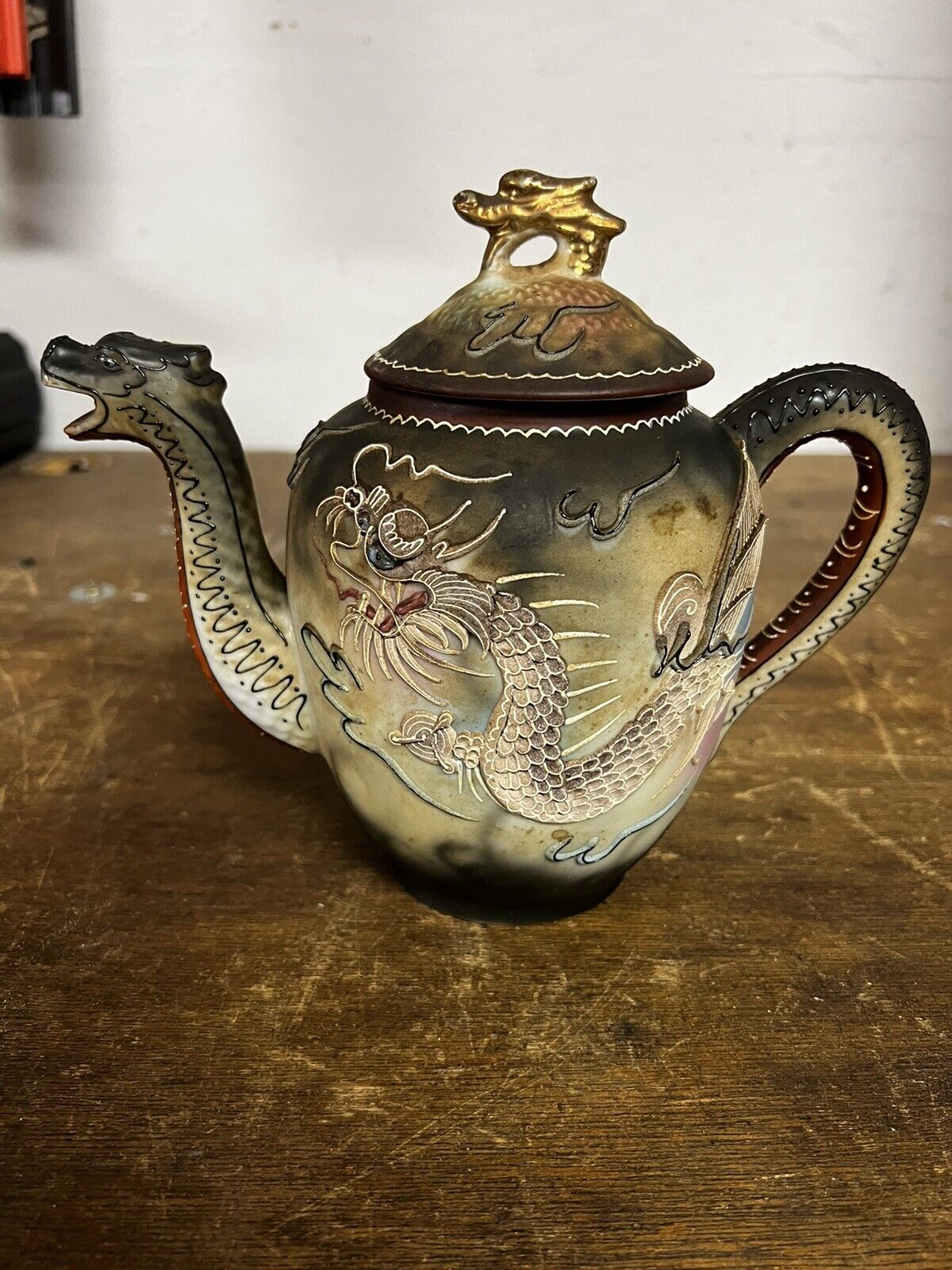 Antique 1920s Takito Company Dragonware Moriage Teapot with Dragon Spout