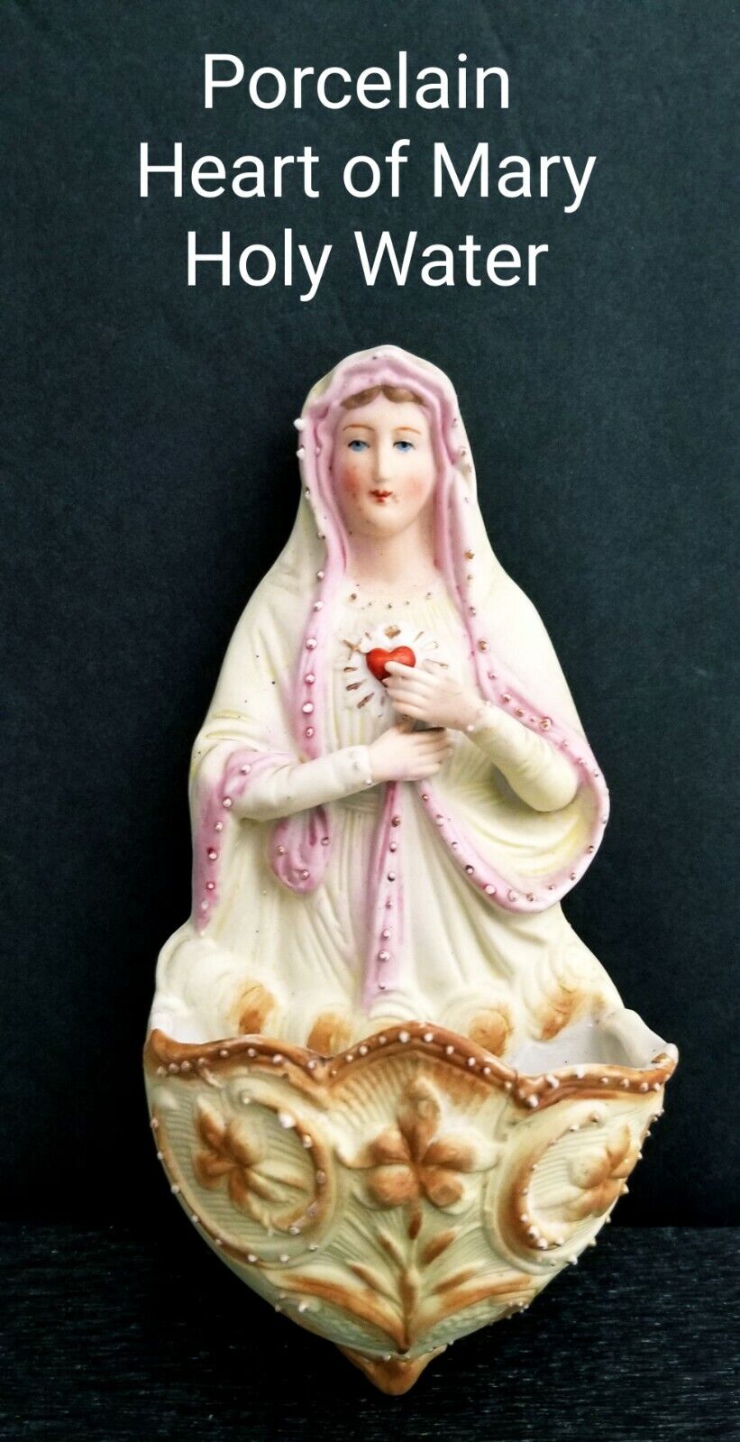 Bisque Porcelain  Blessed Mother MARY Holy Water Font #1639 8\