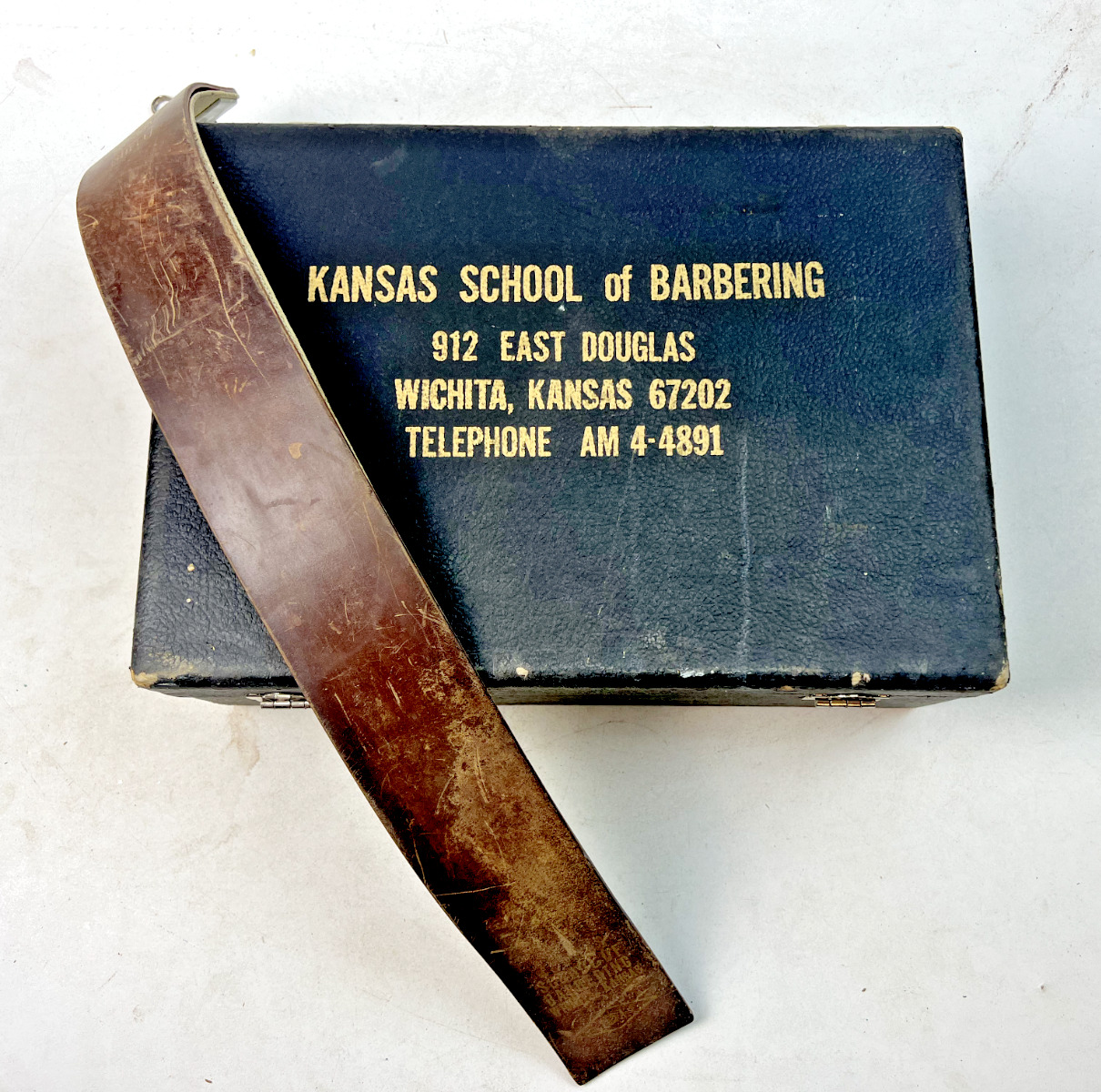 Vintage Kansas School of Barbering Kit With Leather Strap