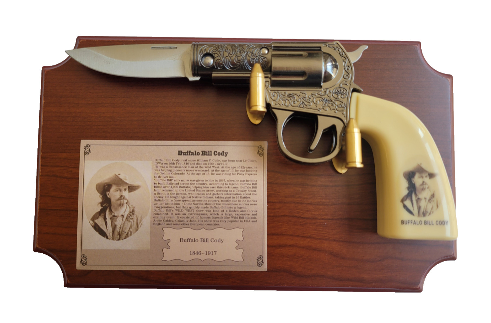 Buffalo Bill Cody Pistol Knife Plaque Bullet Hook Collectable Western Gun Knife