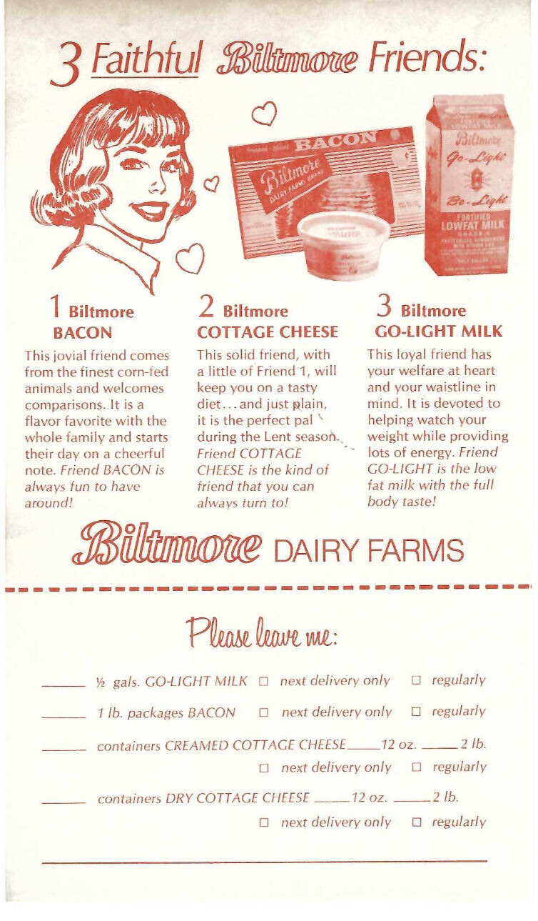 VTG 1960s BILTMORE DAIRY FARMS BACON/COTTAGE CHEESE/MILK ADVERTISING/ORDER FORM