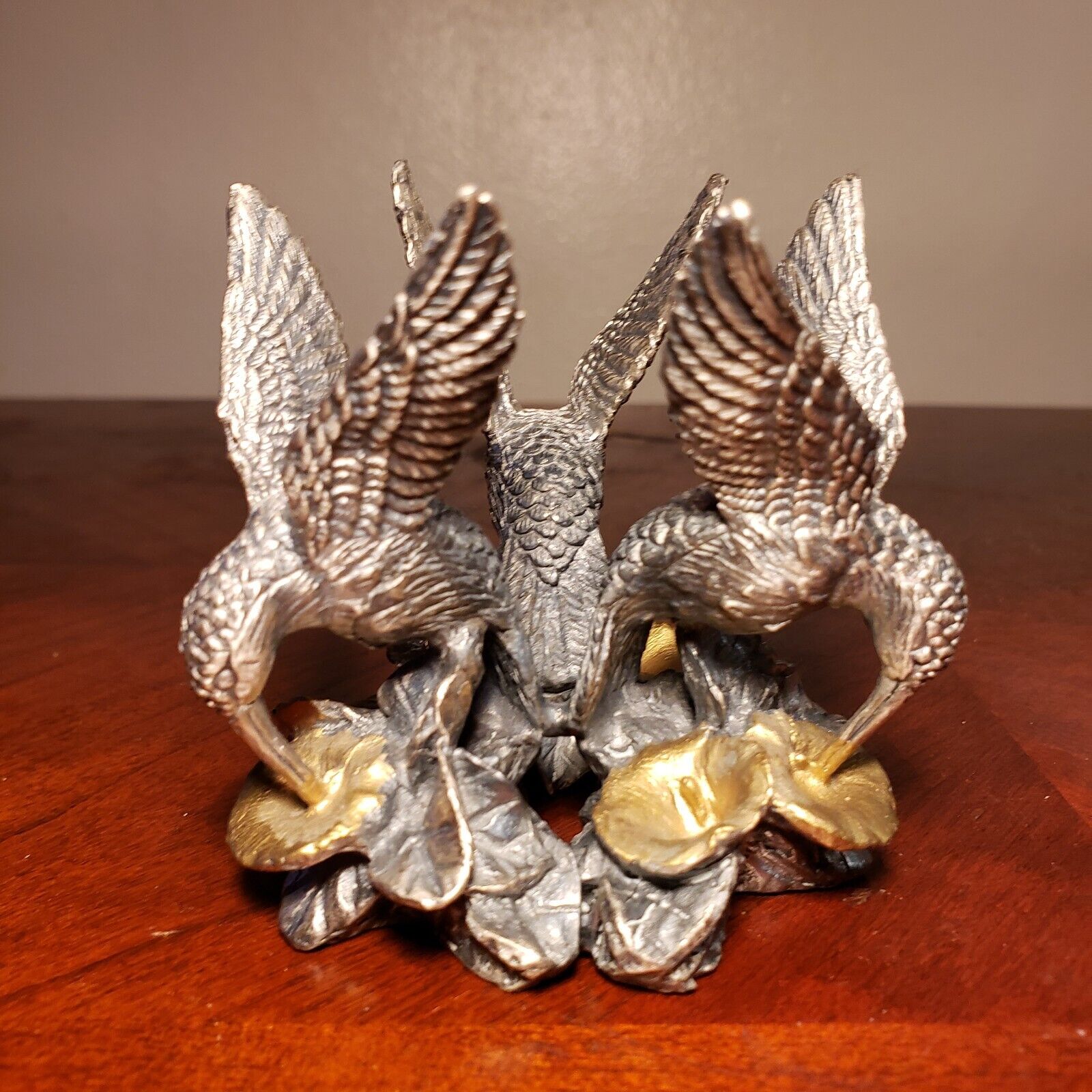 Beautiful Ornate Heavy Pewter 3 Hummingbird & Gold Flowers Figurine Orb Holder