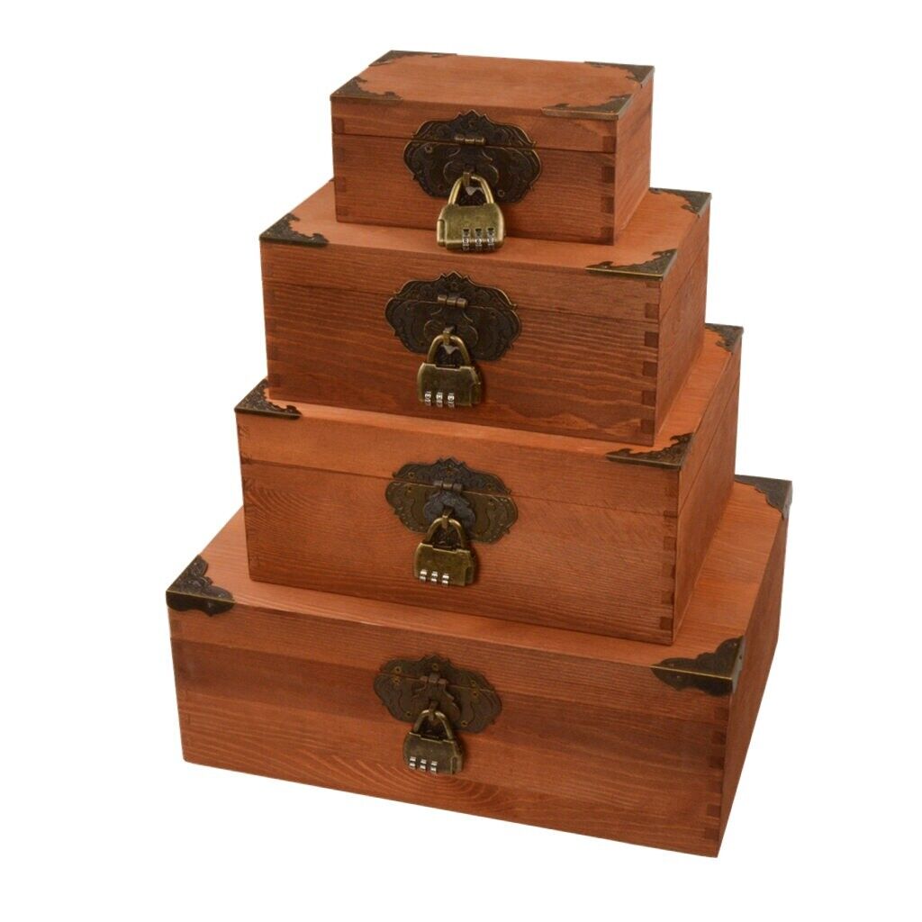 4 Wood Decorative Nesting Boxes Jewelry & Trinket Storage Chests with Code Locks