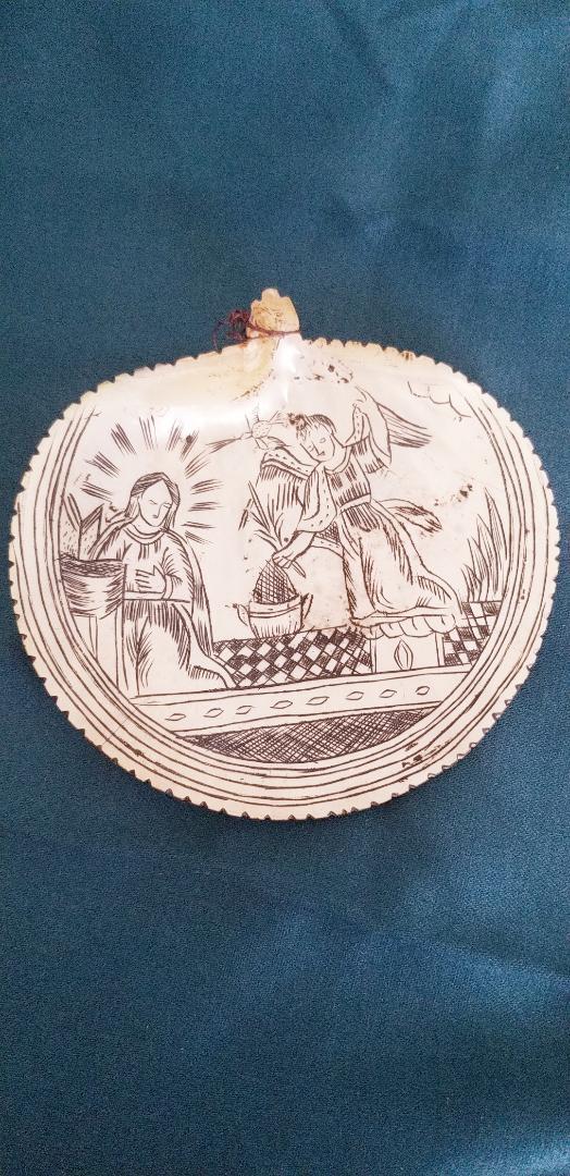 Antique mother of pearl etched shell RELIGIOUS
