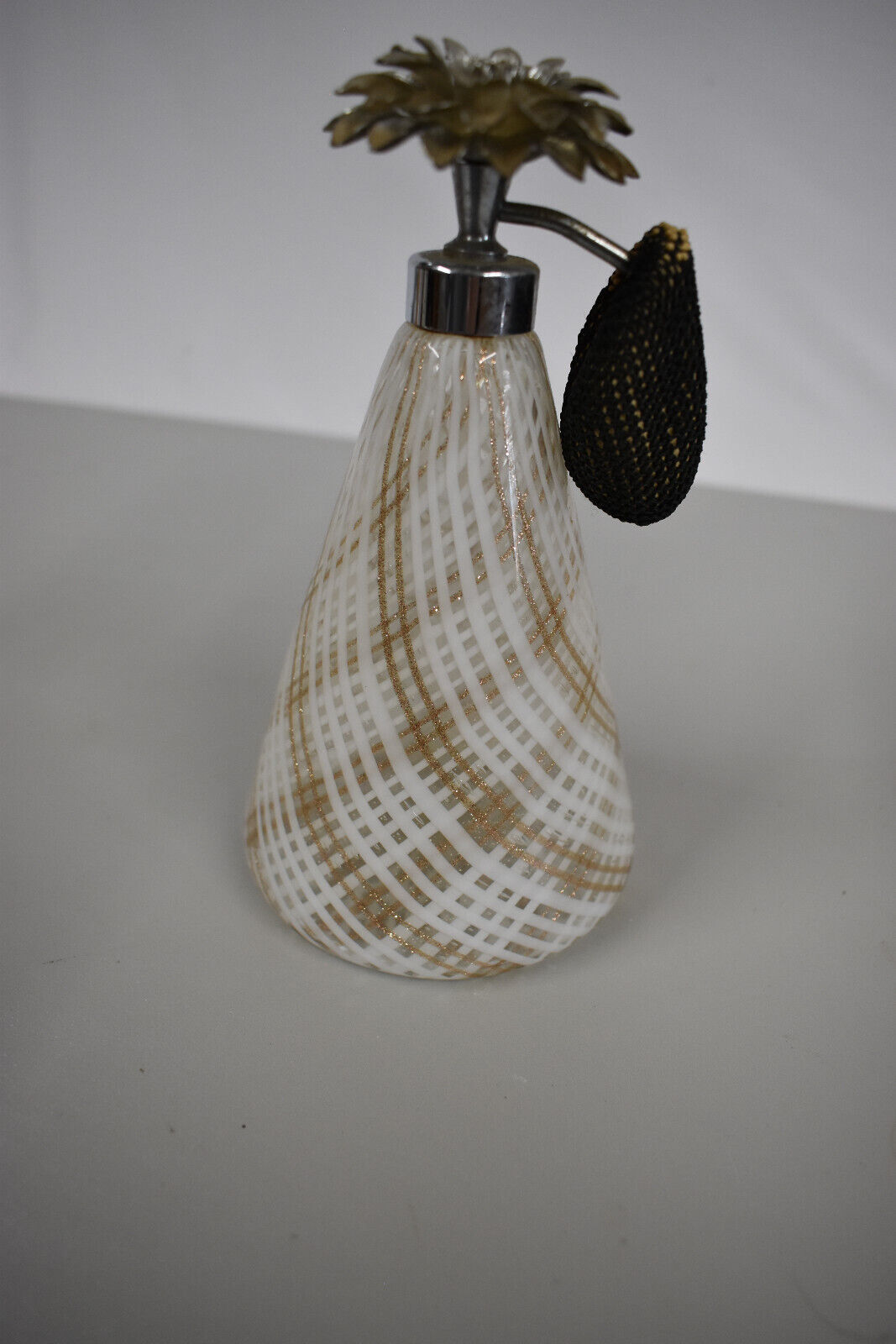 Vintage Perfume Bottle White and Gold Lutz Weave Pattern Art Glass Atomizer 6.5\