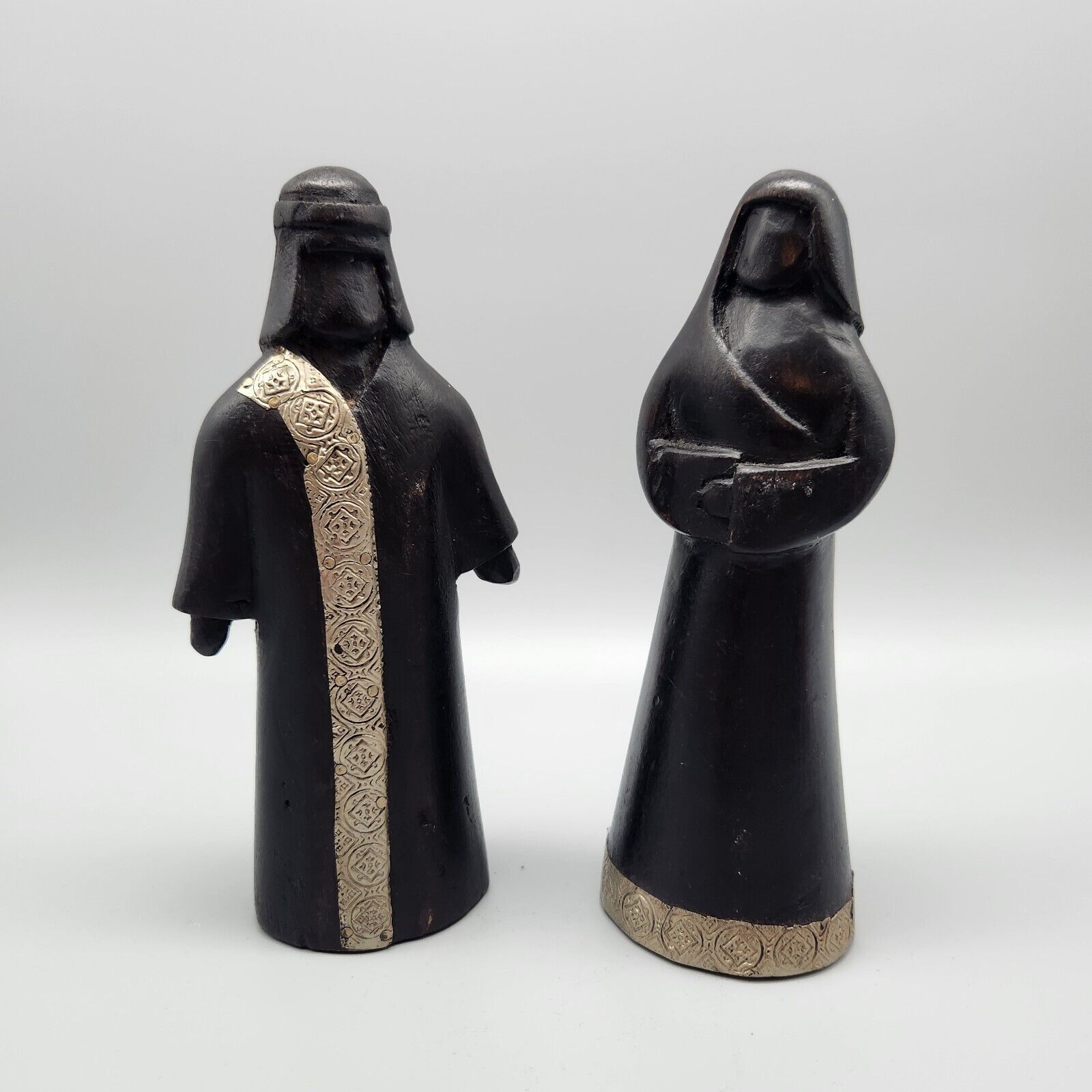 VTG Hand Carved Wood Metal Mary & Joseph? Figures Decor Black 6.5\