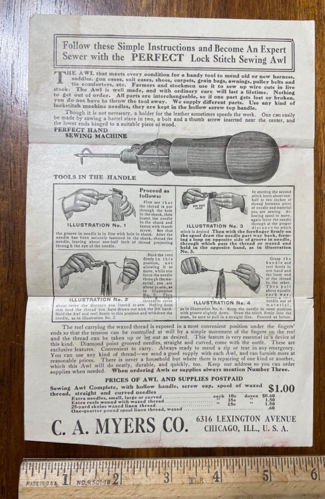 Vintage advertising CA Myers sewing supplies lock stitch awl Chicago IL