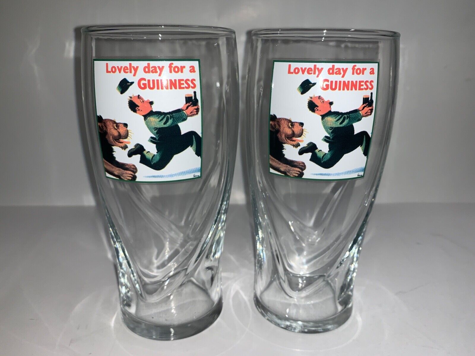 Guinness Glasses Set of 2 Lovely Day For A Guinness Lion Gilroy Design RARE
