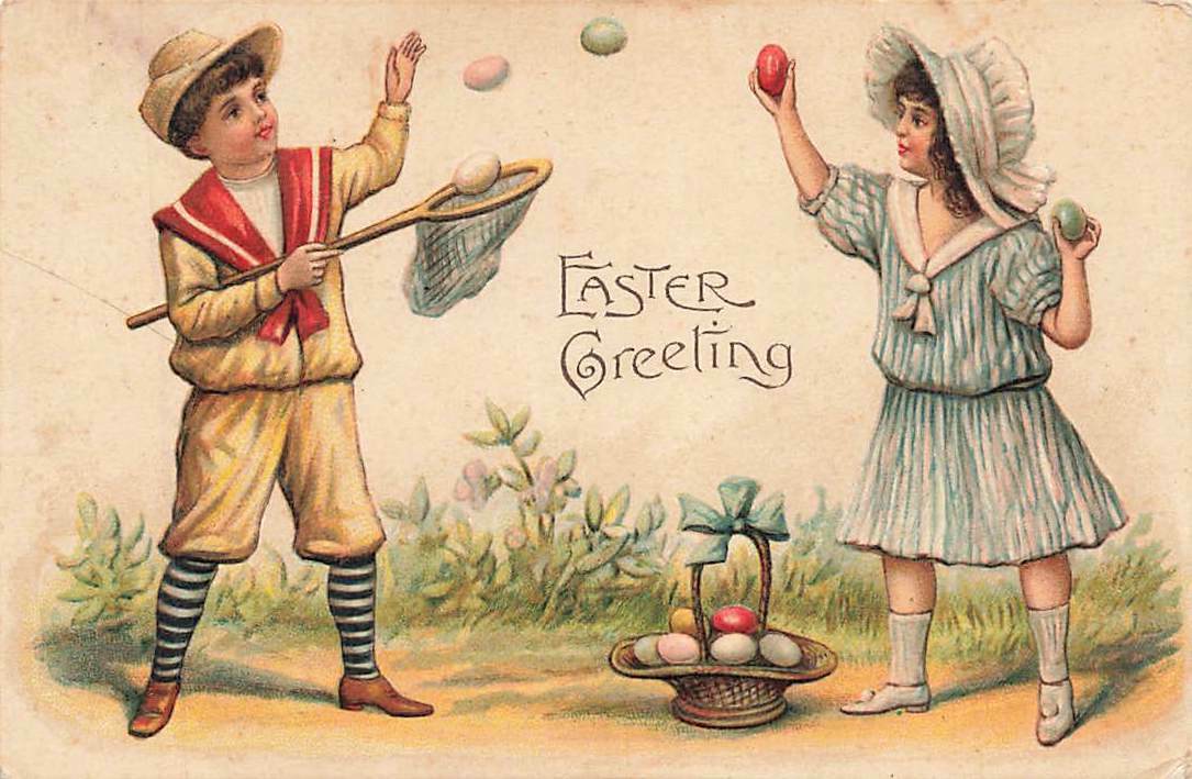 c1910 Easter Greeting Girl Boy Egg Toss Net P99