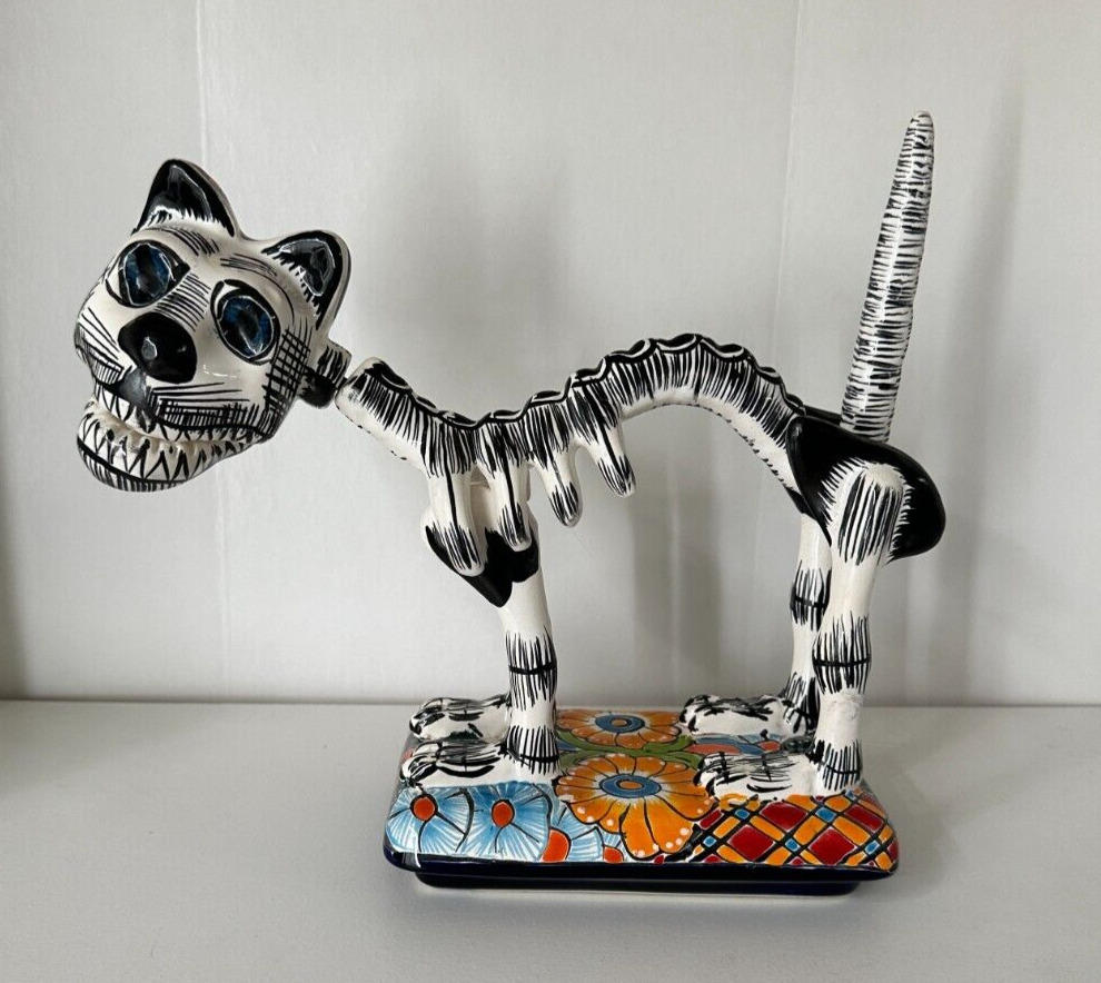 Mexican Pottery Talavera Catrin Cat Hand Painted Decorative Figurine Halloween