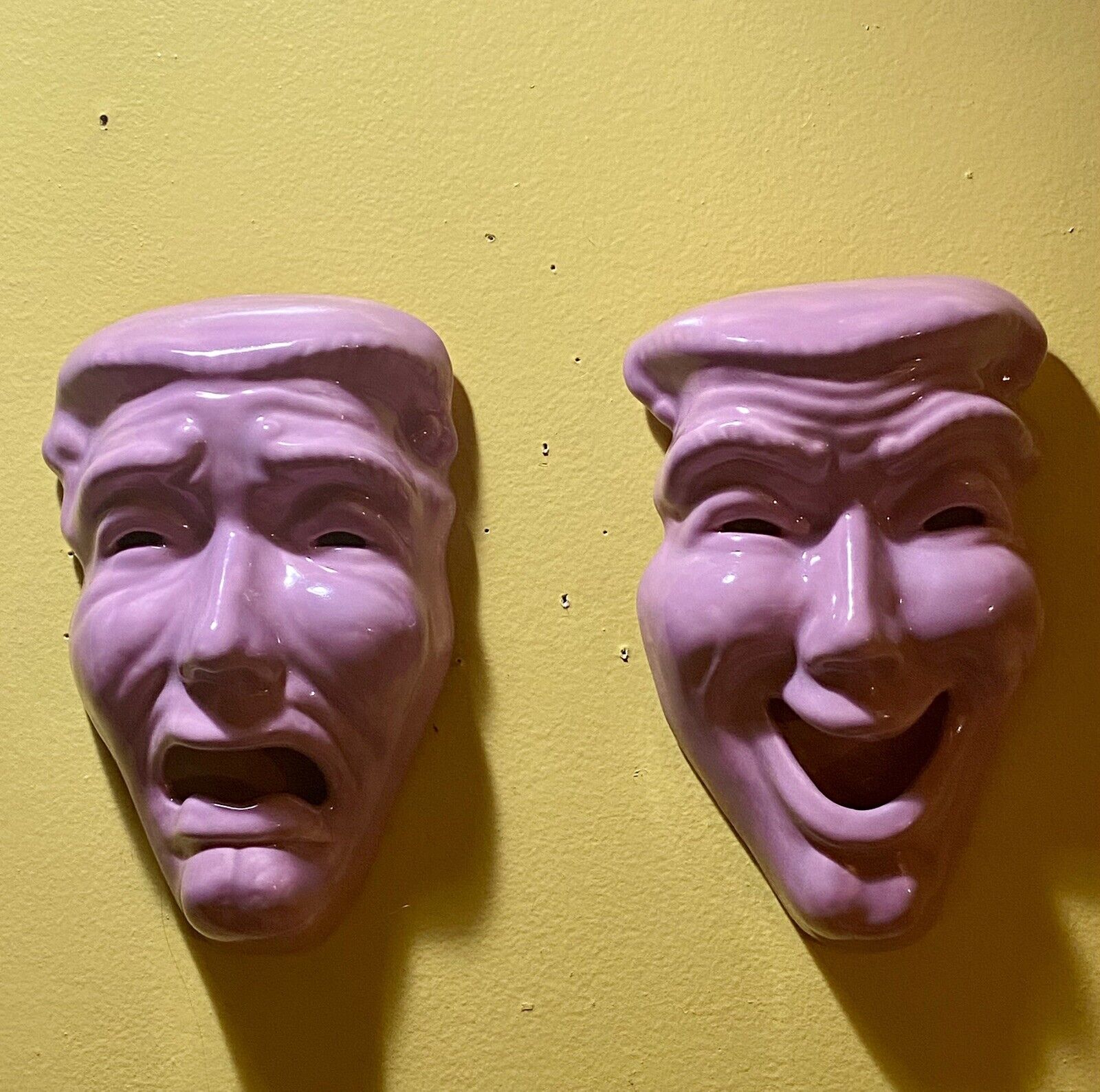 Vintage Rare  Greek Theater Comedy & Tragedy Pink Ceramic Wall Masks Italy 8x5