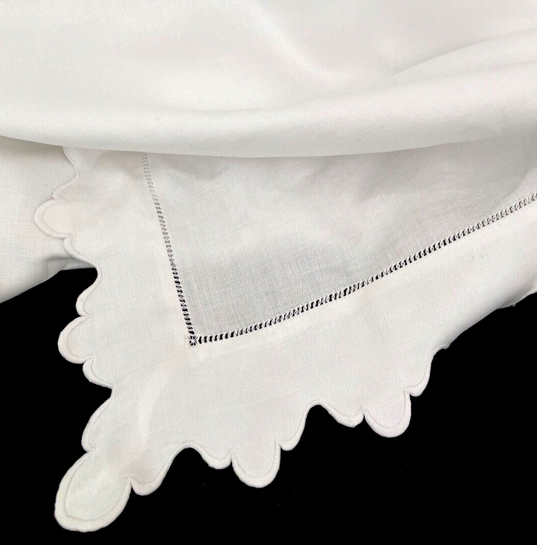 Classic White Linen Handmade Tablecloth w/ Shaped Edges & Hemstitching  YY779