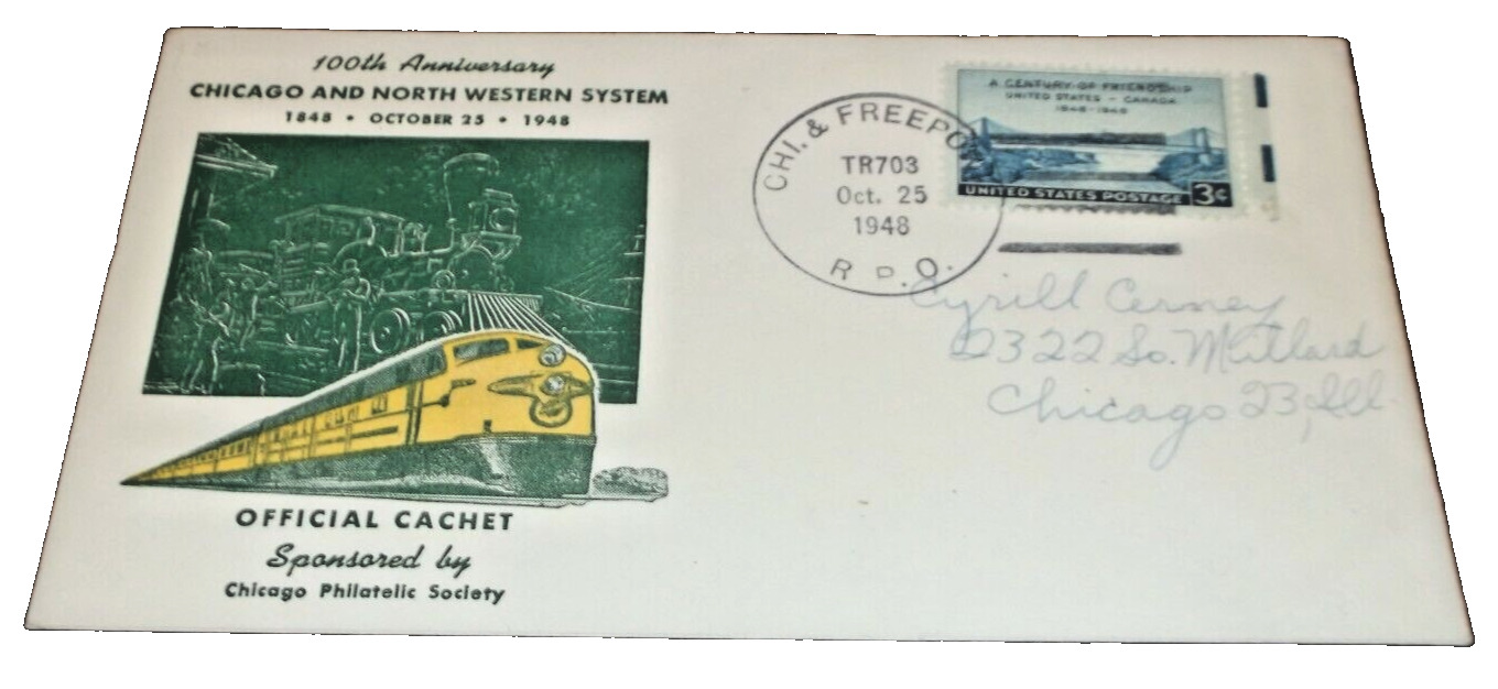 OCTOBER 1948 C&NW CHICAGO & NORTH WESTERN 100TH ANNIVERSARY CACHET ENVELOPE R