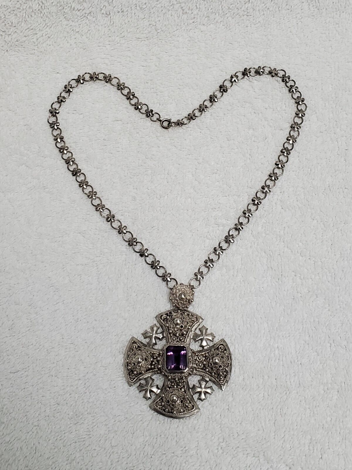 Vintage Sterling Silver Amethyst Crusader Cross Pendant  W 19. 5 Necklace   52g